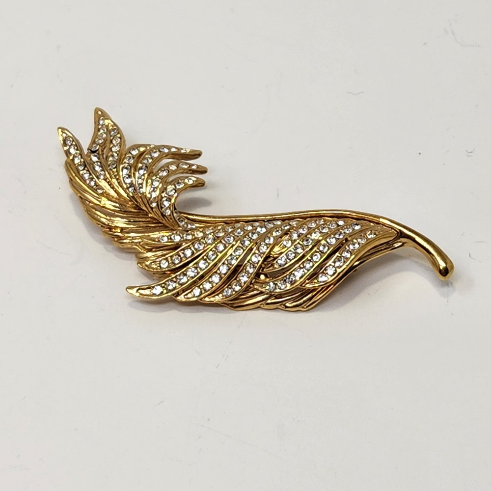 Roman Feather Clear Crystal Brooch Gold Tone Costume Fashion Jewelry Statement